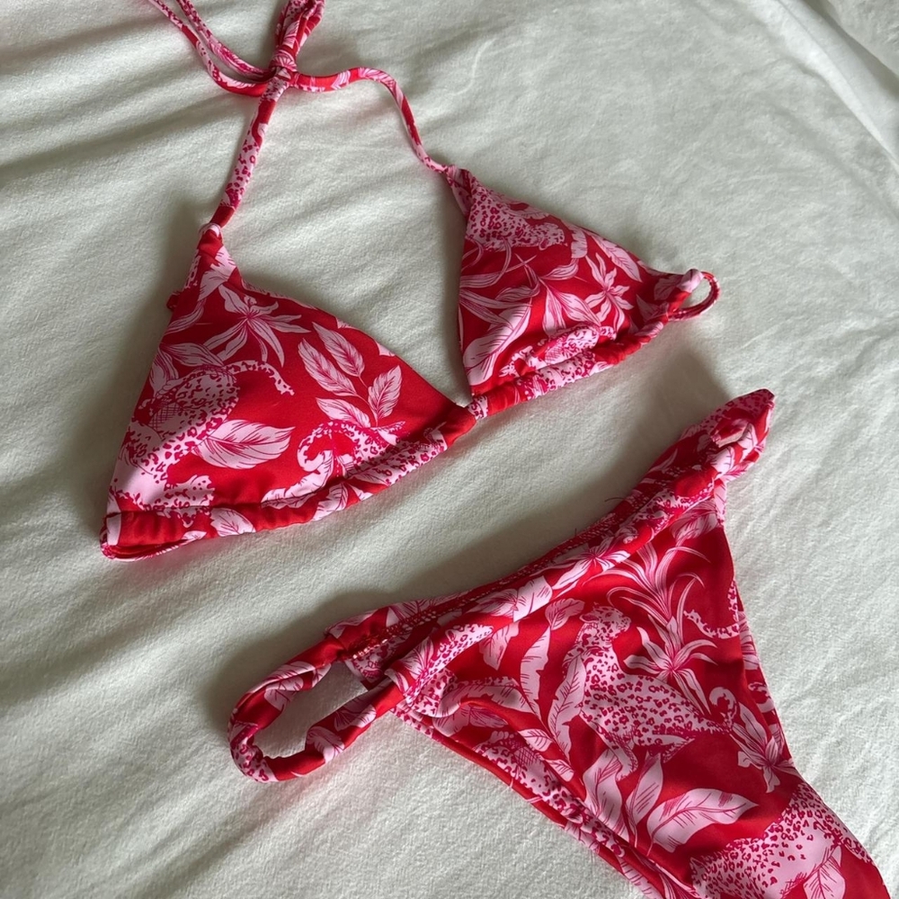 Red & Pink Floral Triangle Bikini Set